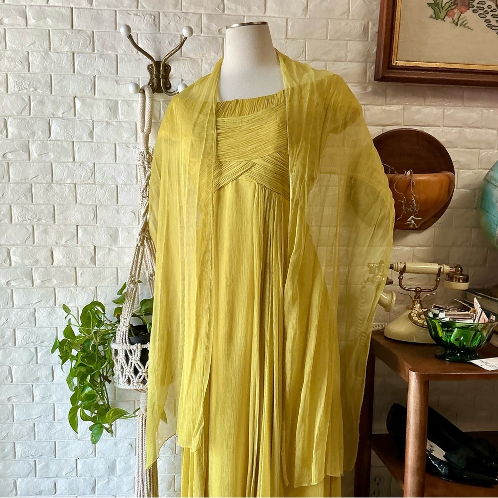 Montage by Mon Cheri Yellow Chartreuse Chiffon Flowy Gown with Shawl - Picture 2 of 14